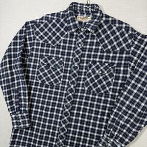 Vintage Big Mac Flannel Pearl Snap Shirt Men Large Tall Blue White Western Plaid